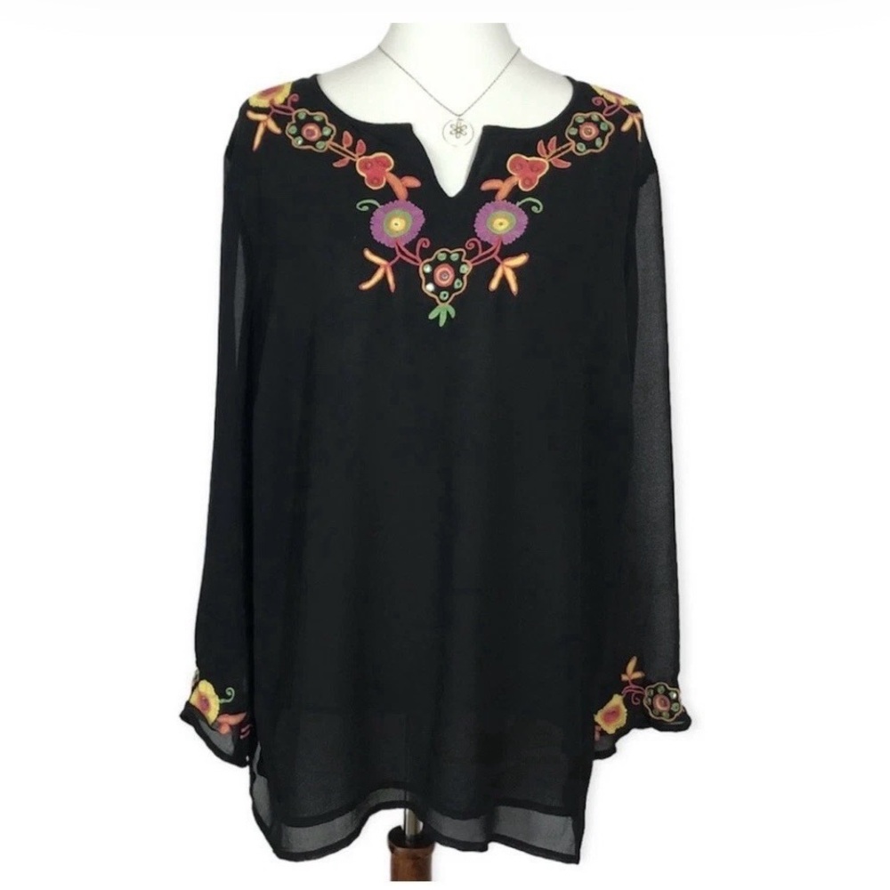 Mirasol Boho Embroidered Tunic Blouse 2X Mirror Floral Festival Chiffon Top
